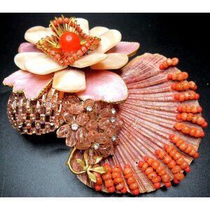 LAWRENCE VRBA Huge 5" Coral Crystal Shell Flower Pin Brooch